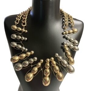 Mixed Metal Silver Gold Tone Double Curb Chain Wide Collar Necklace